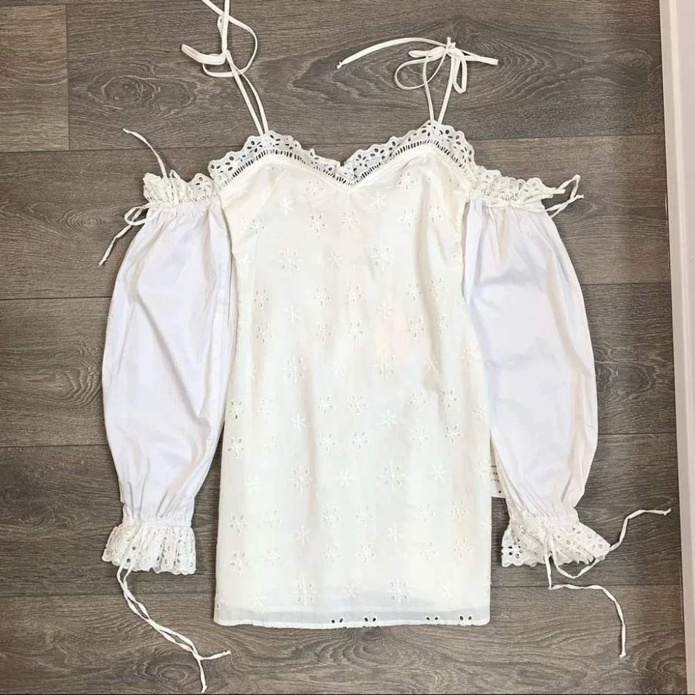 For Love & Lemons Vera Eyelet Ruffle Lace Mini Dress White Size Small - Picture 2 of 16